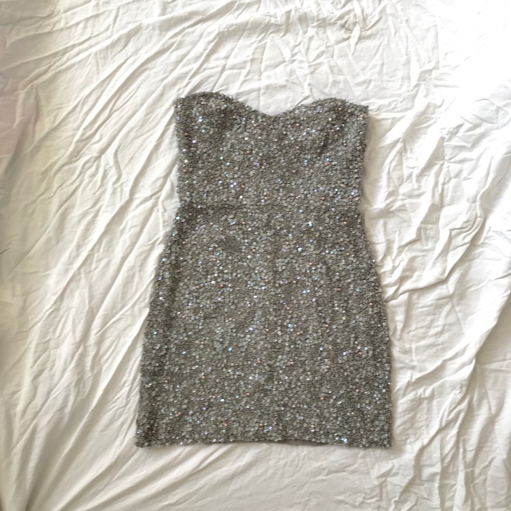Parker Silver Beaded Sequin Mini Strapless Dress